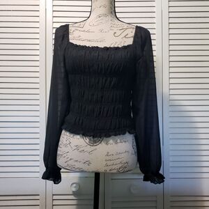 Hippie Rose Smocked Cropped‎ Top Women's Size XS Black Sheer Long Sleeve Blouse